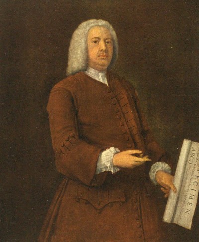  William Caslon holding his typeface Specimen sheet, portrait by Francis Kyte