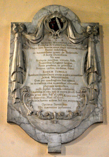 The marble memorial in Ansford Church where the Revd Samuel Woodforde had served as rector 1719–71